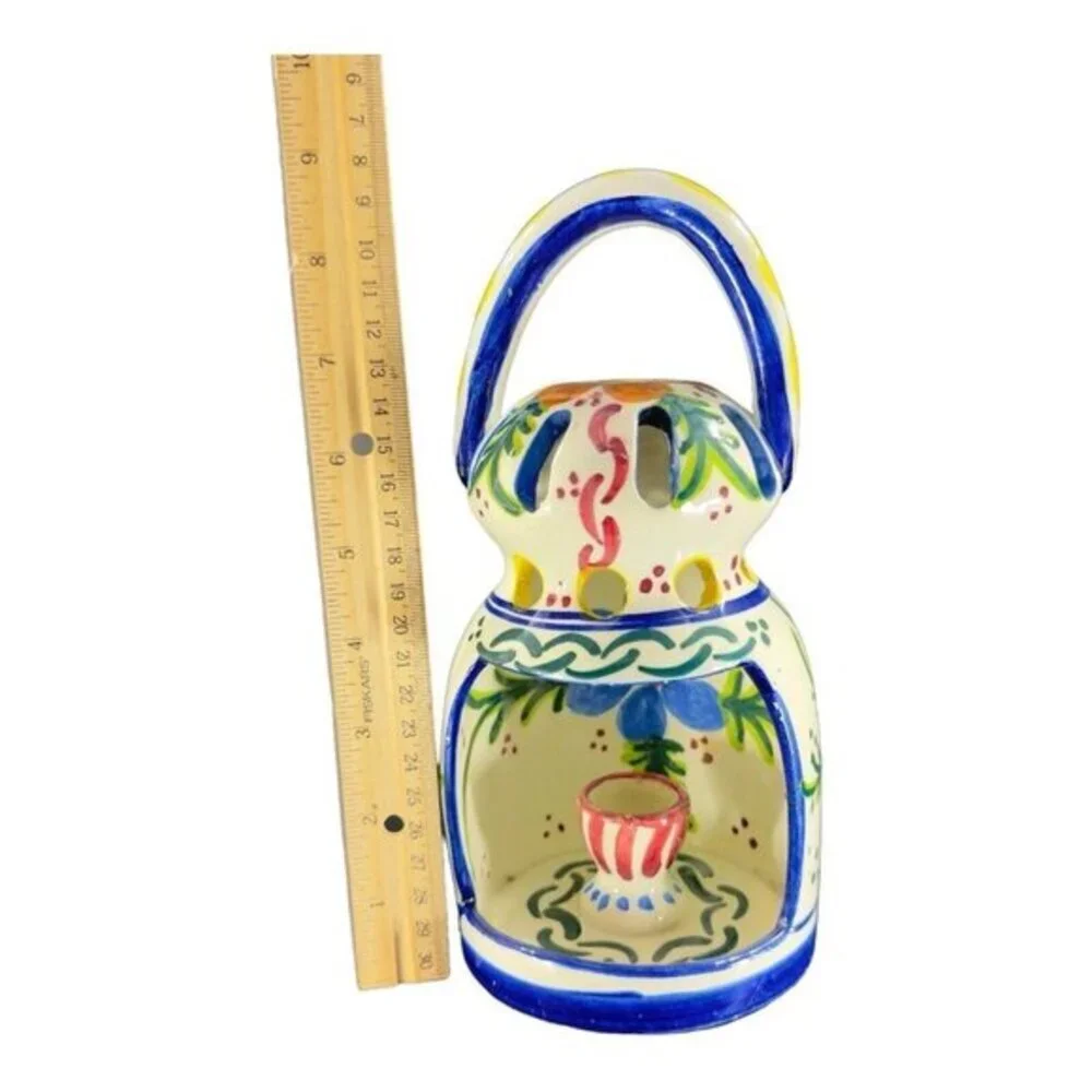 Folk‎ Art Pottery Candle Holder W Handle Votive Hand Painted Made In Spain Vtg